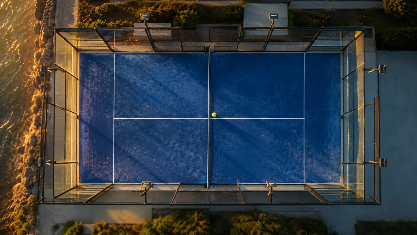 Vedere de sus a unui teren de padel albastru la apus